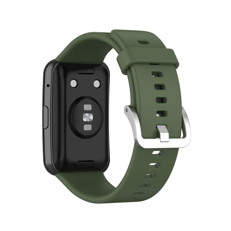 Silicone watch band with silver steel buckle, dark green; band and clasp shown
