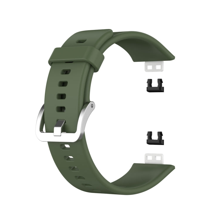 Silicone watch band with silver steel buckle, dark green; buckle and strap holes shown