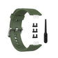 Silicone watch band with silver steel buckle, dark green; spare clasp parts shown