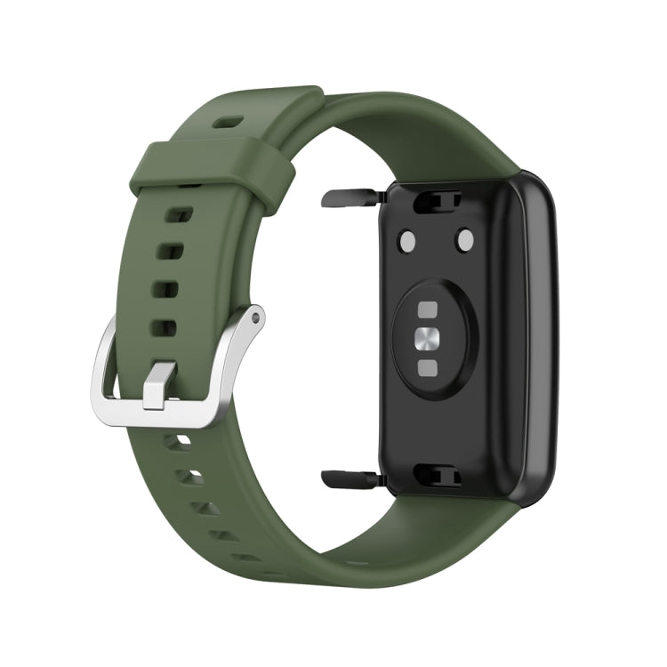 Silicone watch band with silver steel buckle, dark green; clasp side view