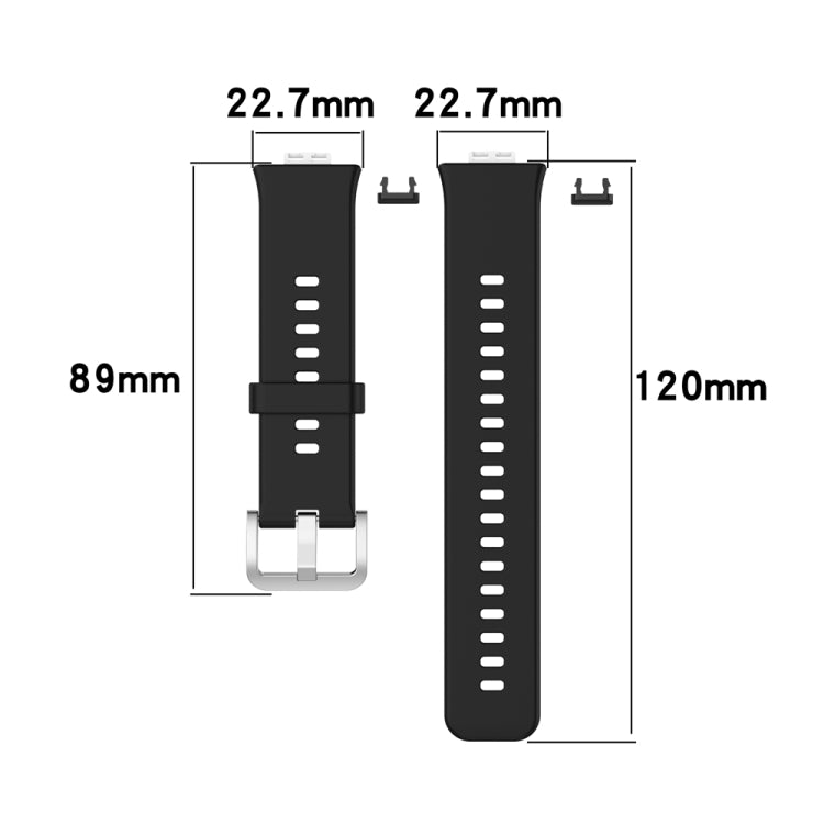 Black silicone watch band with silver steel buckle, 2 size widths shown