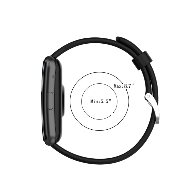 Black silicone smartwatch band with clasp, shown length range for fit