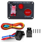 Racing ignition switch panel with illuminated red engine start button and red rocker switch