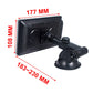 Compact car display with suction mount and adjustable arm, shown with size guides