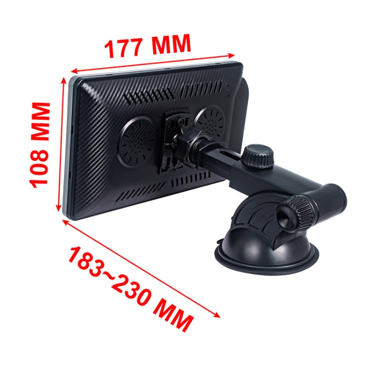 Compact car display with suction mount and adjustable arm, shown with size guides