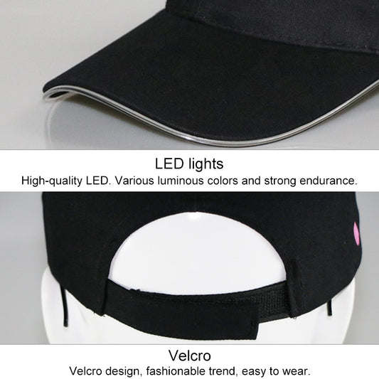 Black baseball cap showing LED light panel and Velcro strap at the brim