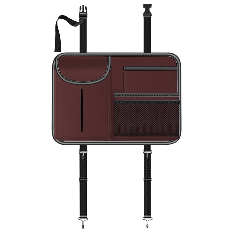 Brown leather-texture car seat back storage bag with two straps and divider pockets