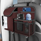 Car seat back storage bag holding phone and small items in mesh pockets