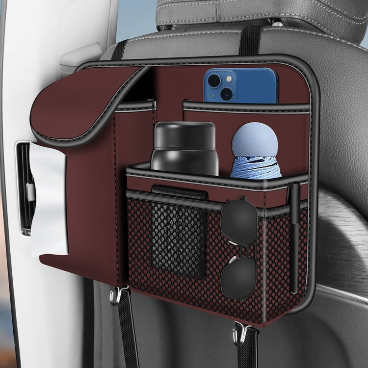 Car seat back storage bag holding phone and small items in mesh pockets