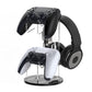 Desktop headphone and game controller display stand with clear acrylic backplate