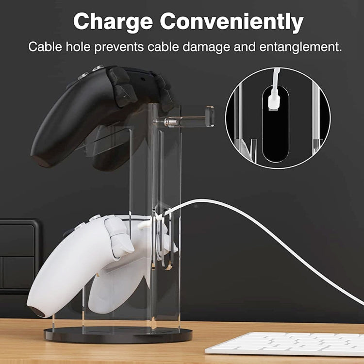 Desktop headphone and controller display stand with clear acrylic frame and cable pass-through
