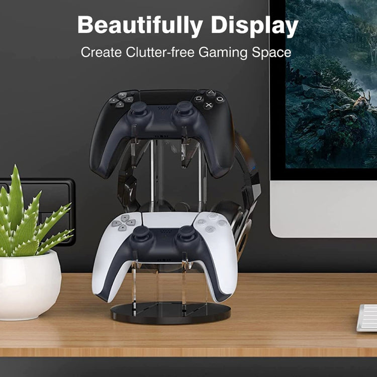 Desktop game controller and headset holder with clear support pillars and black base