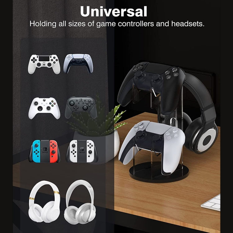 Desktop headset and controller display stand for multiple controller sizes, shown in use