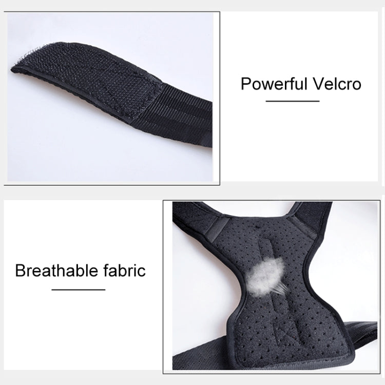 Black breathable posture brace with hook-and-loop closure strap detail