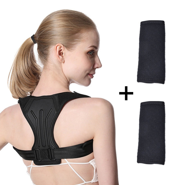 Black anti-kyphosis correction belt with shoulder straps; extra strap pads shown