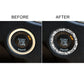Split before/after view of black engine start/stop sticker with silver rhinestone ring