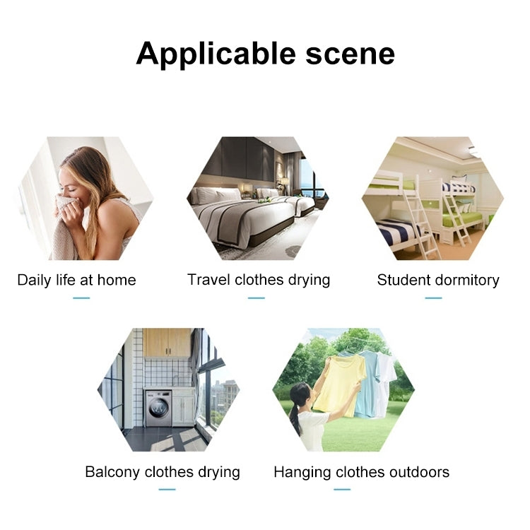 Clothes drying rope use-case icons for home, travel, dorm, and balcony