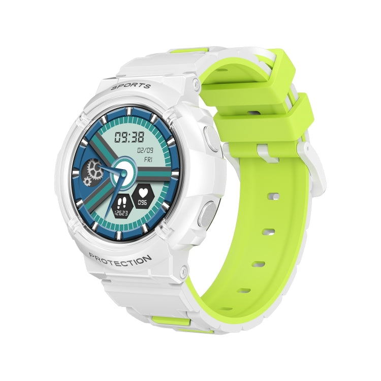 Round children smart watch with white case, blue display, lime silicone strap