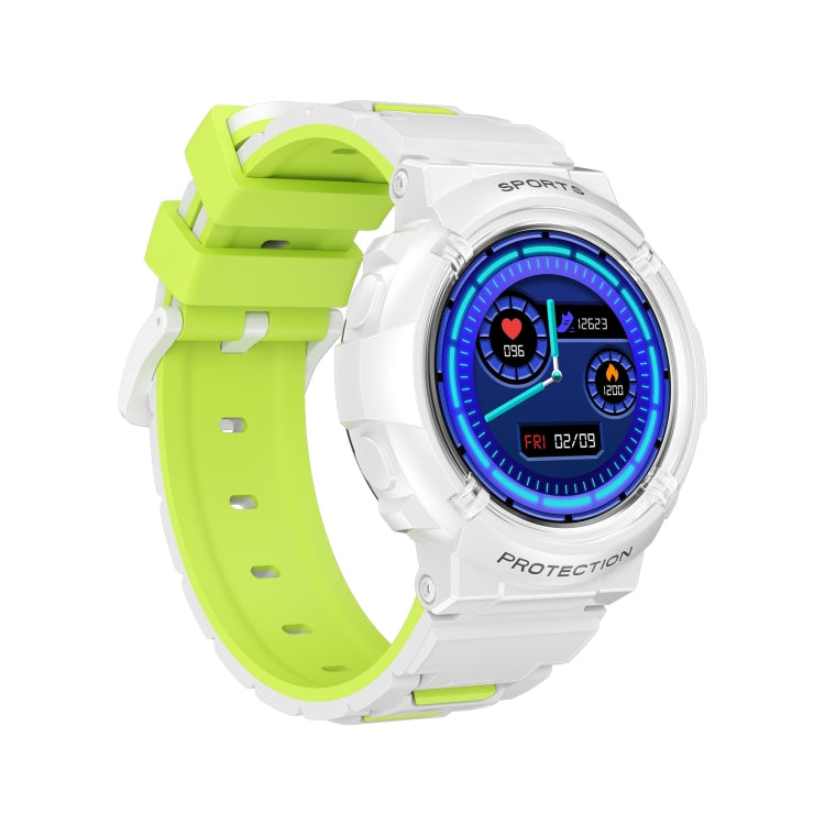 Round children smart watch with white case, blue digital display, lime silicone strap
