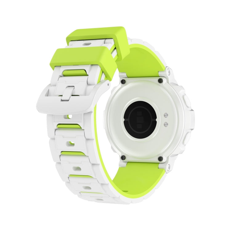 Round children smart watch rear view with charging contacts and lime silicone strap