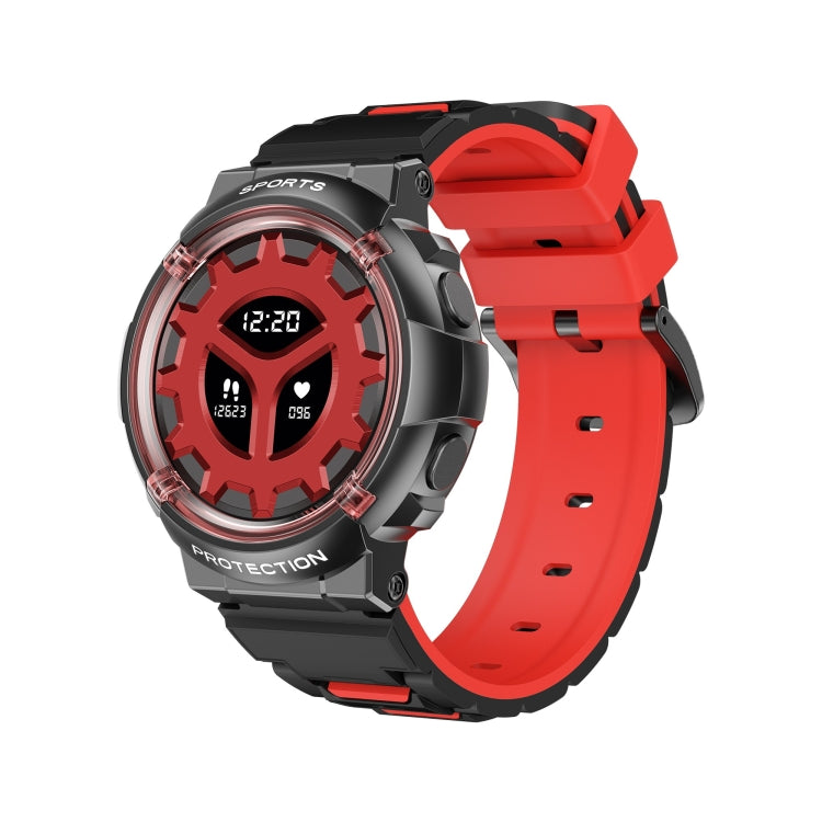 Round children smart watch with black case and red silicone strap, digital activity screen