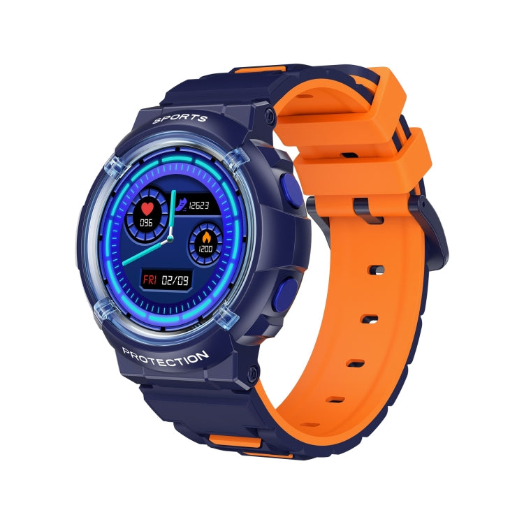 Round children smart watch with blue dial and orange silicone strap, digital display