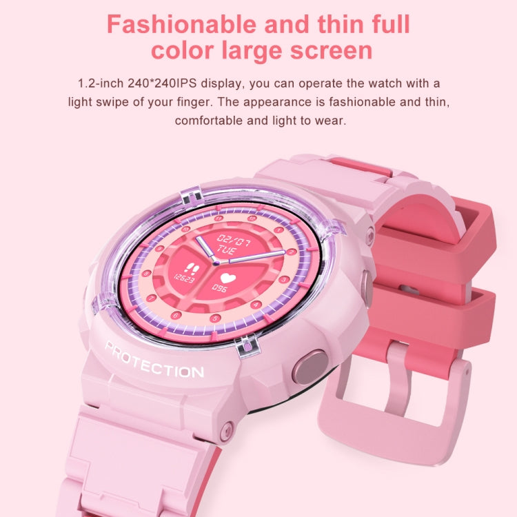Round children smart watch with pink touchscreen and pink silicone strap, close-up