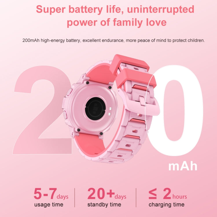 Children's smart watch with pink round case and matching silicone band, rear view.