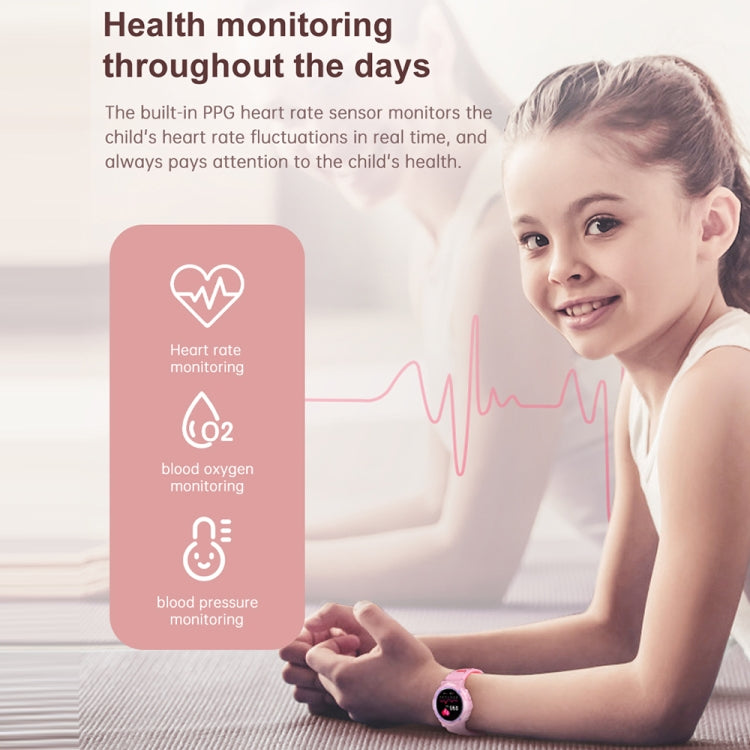 Children wearing a pink round smart watch on the wrist with heart-style icons