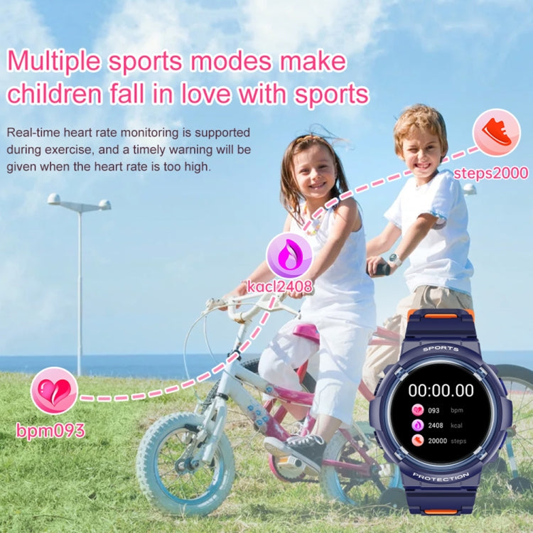 Children's smart watch with dark blue band, round screen showing steps and icons.
