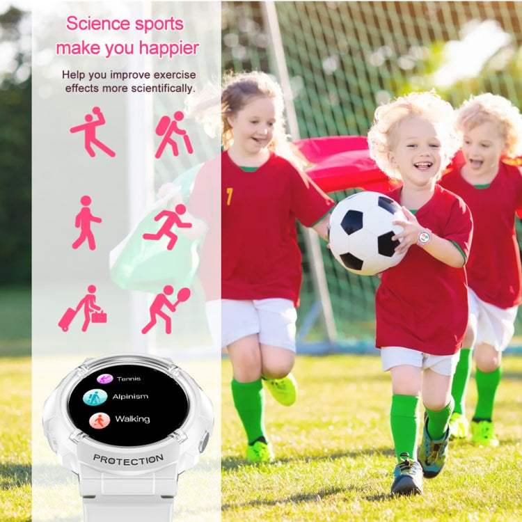 Children's smart watch with white band and round face showing walking and other modes.