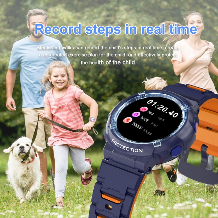 Children's smart watch with dark blue strap, orange accents, display showing 01-20 steps.