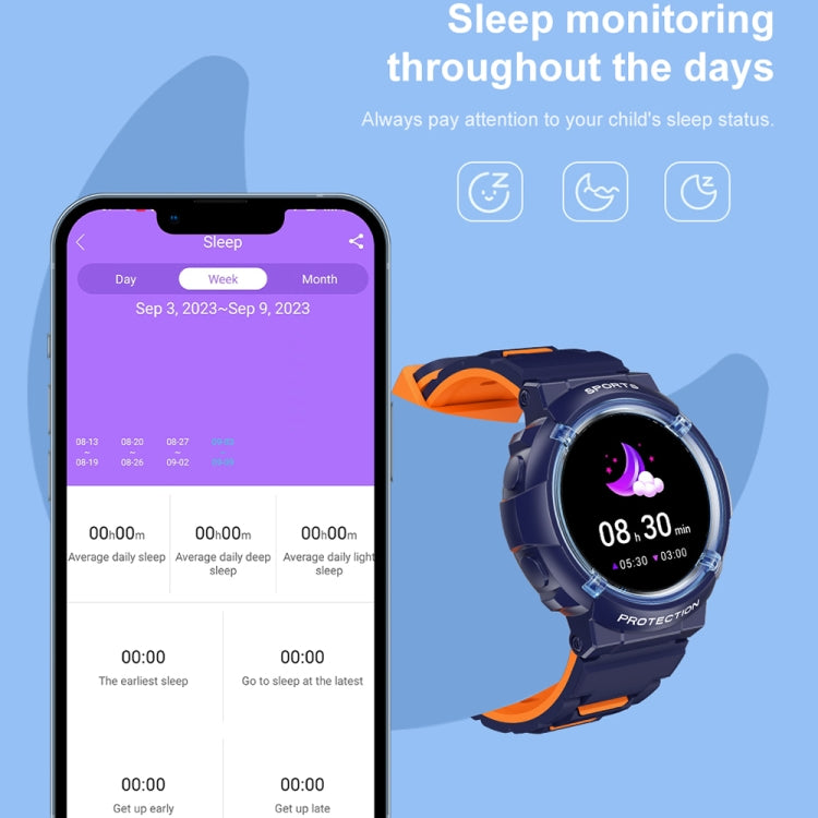 Children's smart watch with dark blue and orange band, sleep monitoring screen on display.