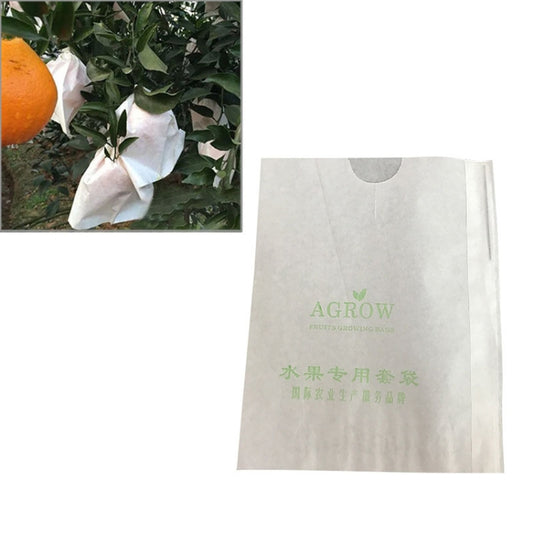 White fruit protective bag with green logo and hanging cutout