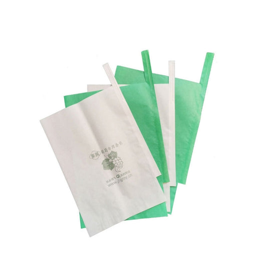 Grape protective paper bags, white panels with green edges and tie handles