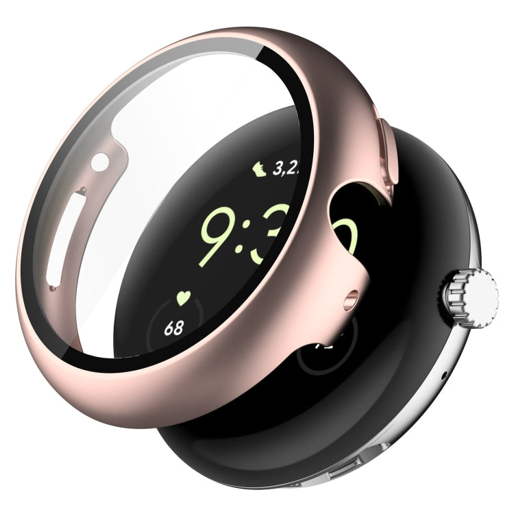 Rose gold integrated protective watch case with clear tempered screen film overlay