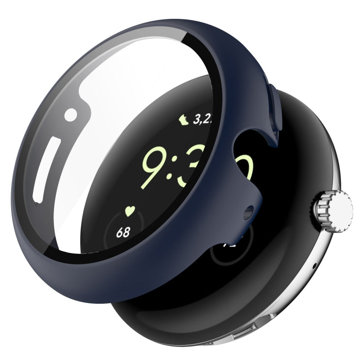 Midnight blue integrated protective watch case with clear tempered screen film overlay