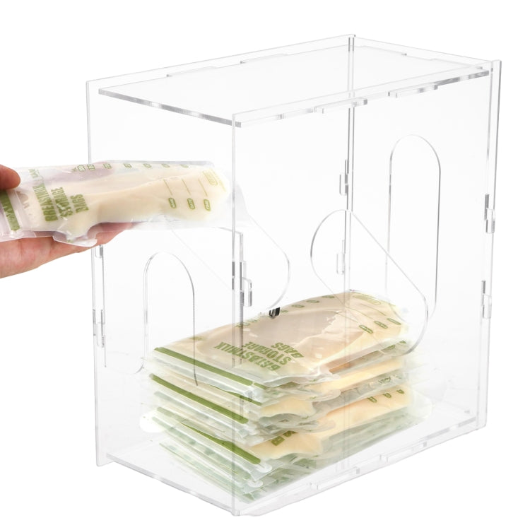 Clear acrylic breast milk storage container with stacked bags inside, front open