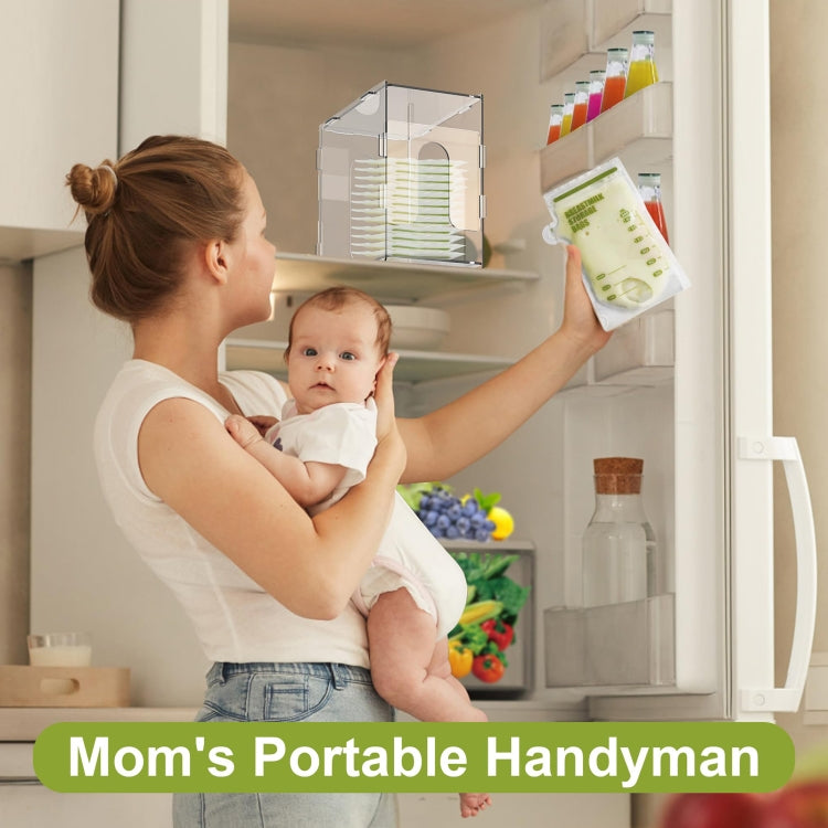 Clear acrylic breast milk storage container placed in refrigerator with door open