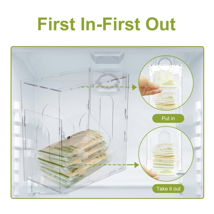 Clear acrylic breast milk storage container showing neat stacked bag placement