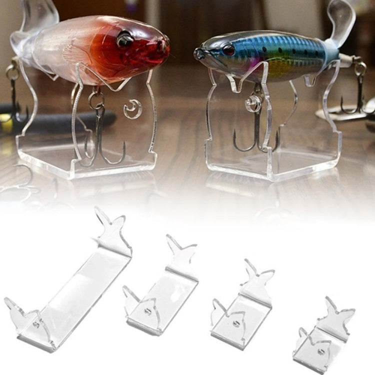 Clear fishing lure display rack holding two lures on U-shaped hook loops