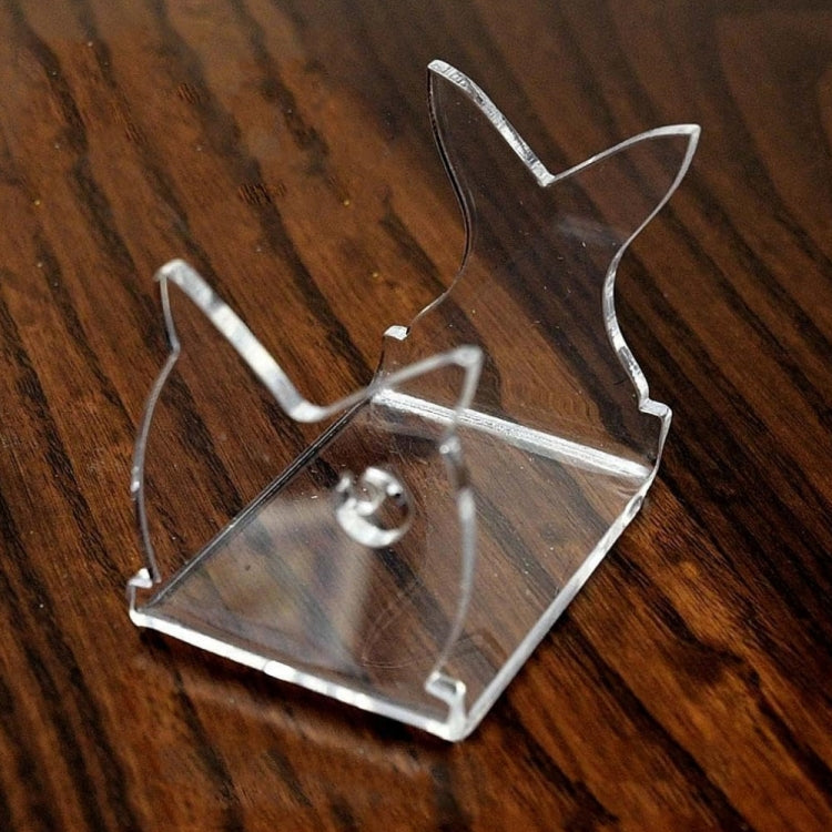 Transparent wedge-style fishing lure display stand with hook holders on wood