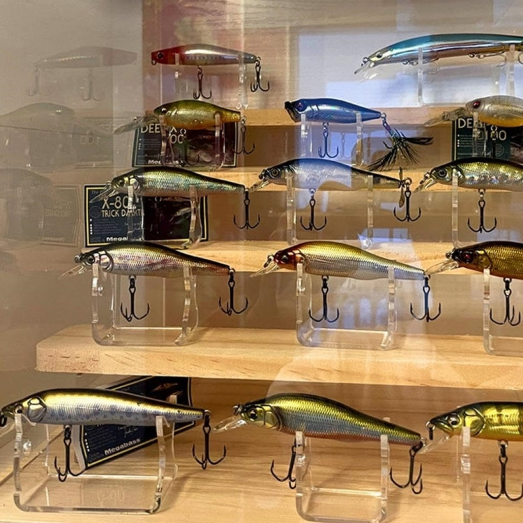 Clear acrylic lure display rack with multiple hook stands for bait presentation