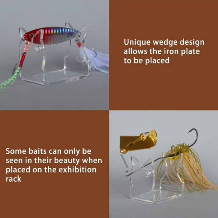 Transparent wedge fishing lure display stand with raised base and hook loops