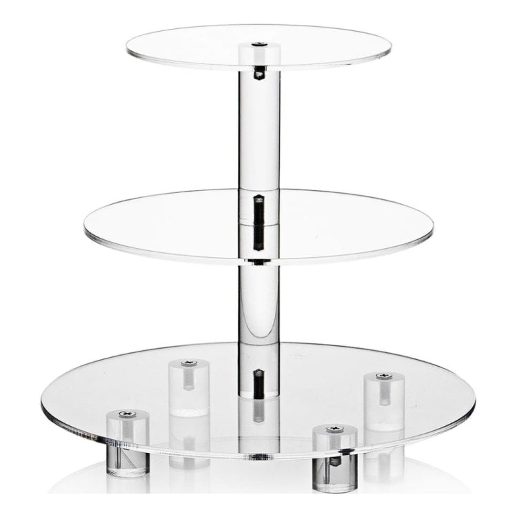 Three-tier acrylic cupcake stand with clear round top, middle, and base plates