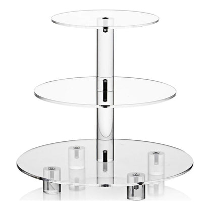 Three-tier acrylic cupcake stand with clear round top, middle, and base plates