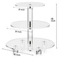 Three-tier acrylic cupcake stand with three clear circular shelves on a central pole