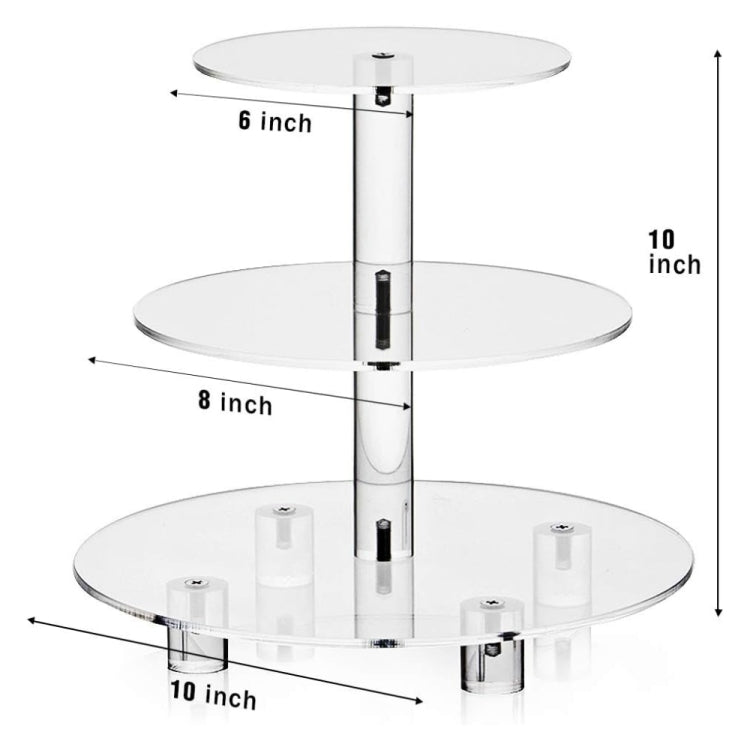 Three-tier acrylic cupcake stand with three clear circular shelves on a central pole