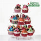 Three-tier clear acrylic cupcake stand holding decorated cupcakes