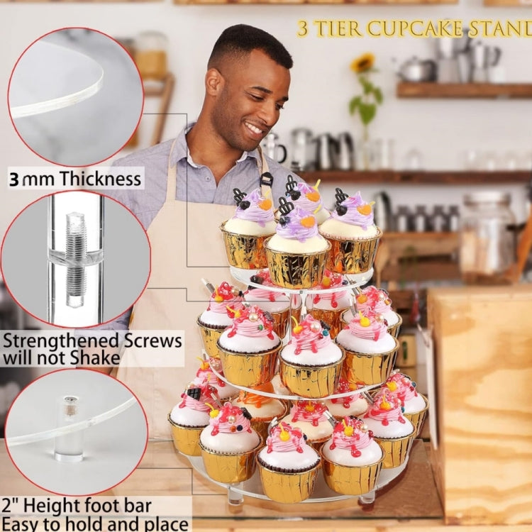 Three-tier acrylic cupcake stand with clear shelves and central support